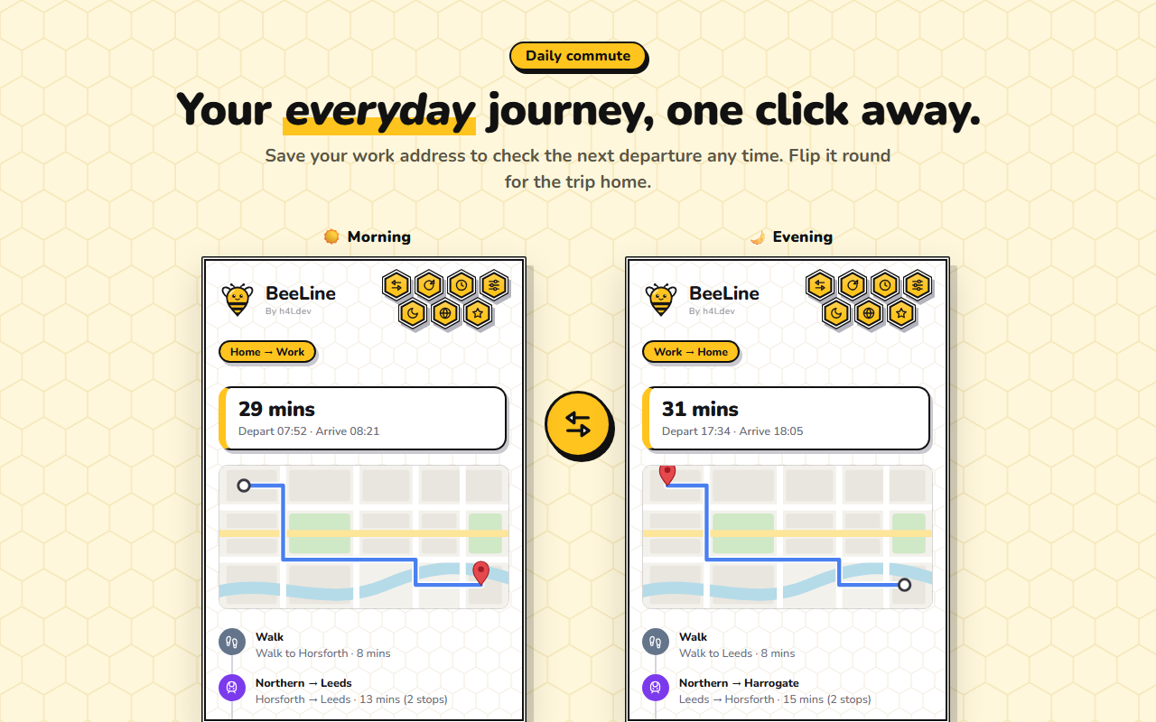 Two BeeLine panels side by side: the morning trip to work and the evening trip home.