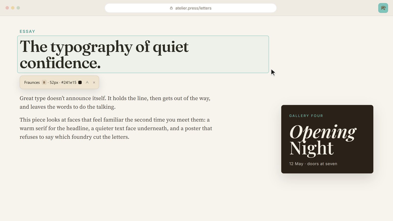 Highlight tool outlining a headline, with a card reading Fraunces, bold, 52 pixels.