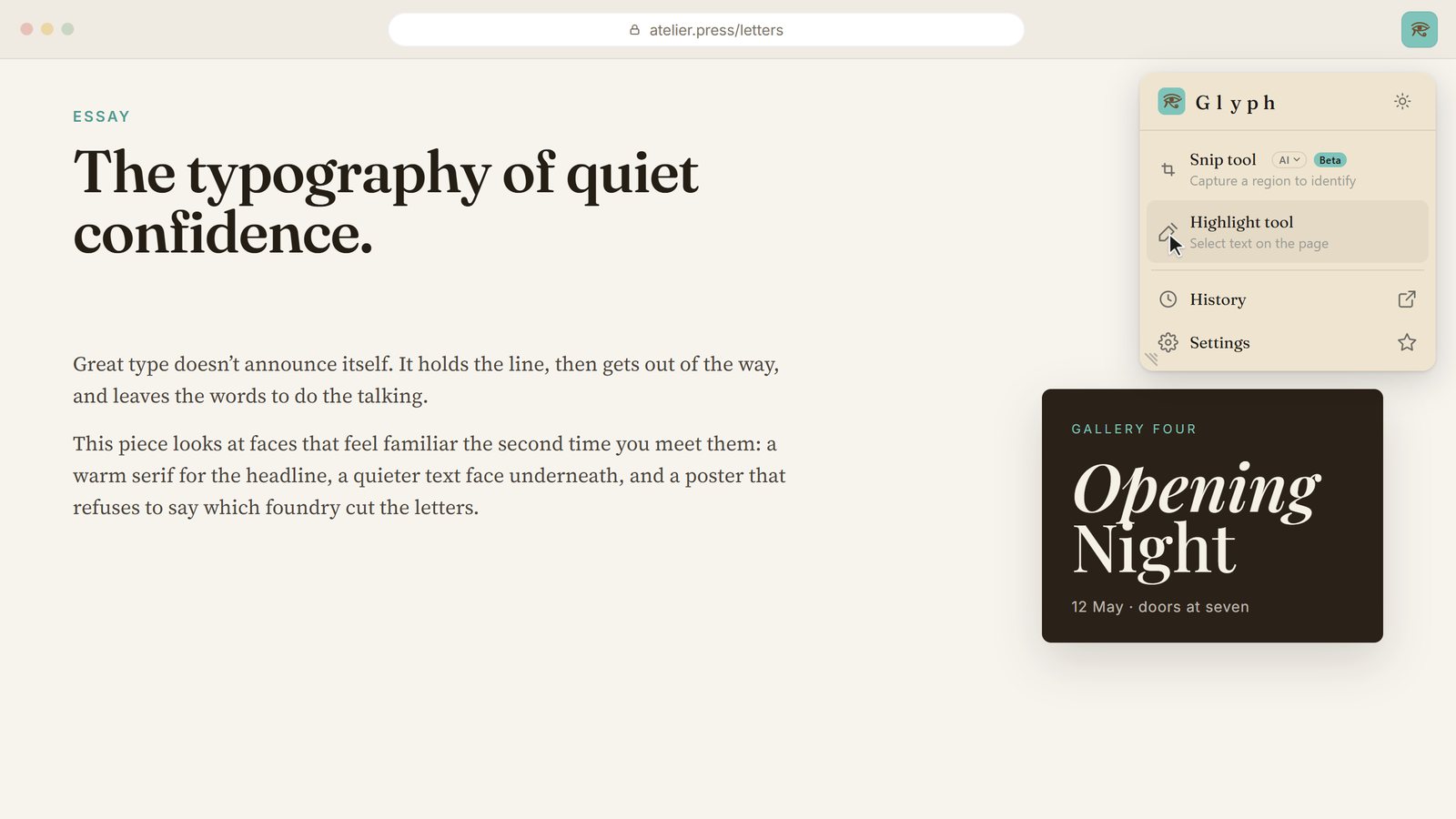 The Glyph menu open in the corner of a webpage, with the pointer on Highlight tool.